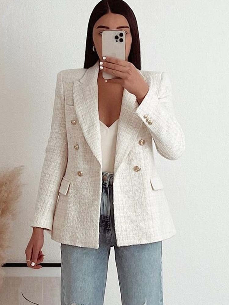 Chaqueta de mujer Primavera 2022 Moda Doble pecho Tweed Blazer Abrigo Vintage Manga larga Ropa exterior femenina Chic Top