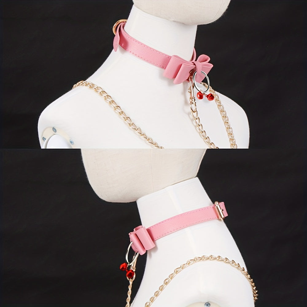 Laddymoda 1pc Collar Choker Leash Harness Leather Bow-tie Bell Collar BDSM Bondage Game