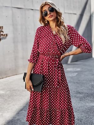 Laddymoda Polka Dot Midi Dress, V-Neck Tie Waste Dress, Casual Dresses For Spring & Fall, Women's Clothing