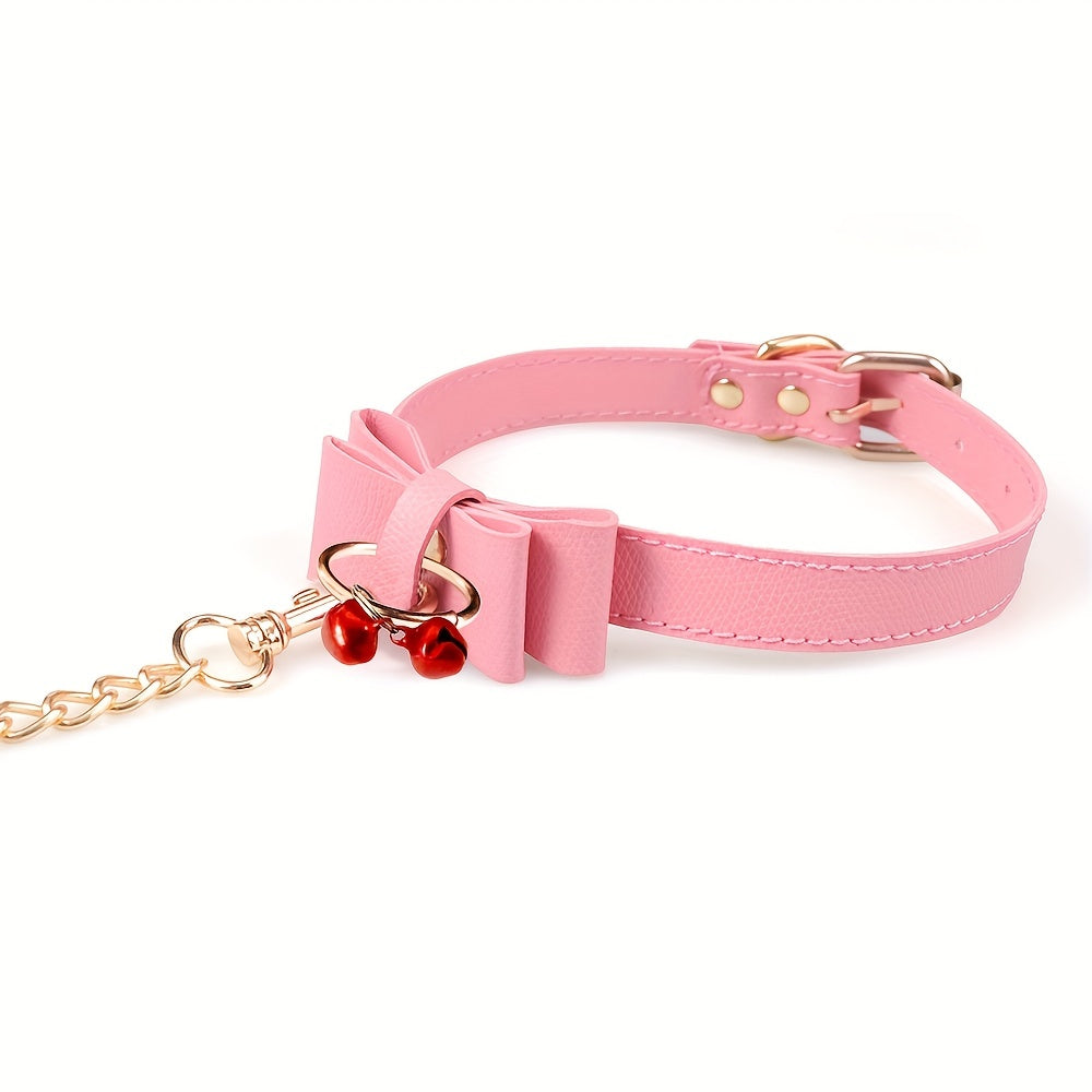 Laddymoda 1pc Collar Choker Leash Harness Leather Bow-tie Bell Collar BDSM Bondage Game