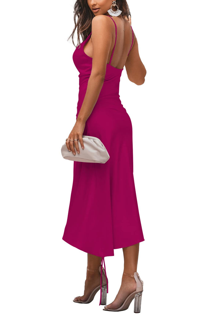 Women's Satin Spaghetti Straps Cowl Neck Sexy Ruch Cocktail Midi Dresses