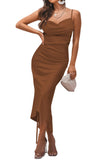 Women's Satin Spaghetti Straps Cowl Neck Sexy Ruch Cocktail Midi Dresses