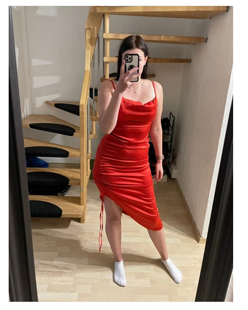 Women's Satin Spaghetti Straps Cowl Neck Sexy Ruch Cocktail Midi Dresses