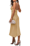 Women's Satin Spaghetti Straps Cowl Neck Sexy Ruch Cocktail Midi Dresses