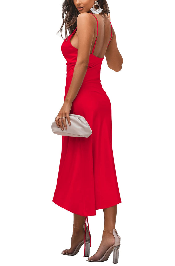 Women's Satin Spaghetti Straps Cowl Neck Sexy Ruch Cocktail Midi Dresses