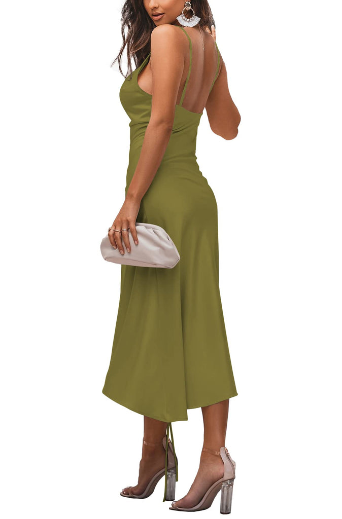 Women's Satin Spaghetti Straps Cowl Neck Sexy Ruch Cocktail Midi Dresses