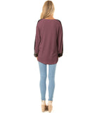 Womens Casual Long Puff Sleeve Waffle Knit Pullover Tunic Tops with Leopard Print