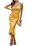 Women's Satin Spaghetti Straps Cowl Neck Sexy Ruch Cocktail Midi Dresses