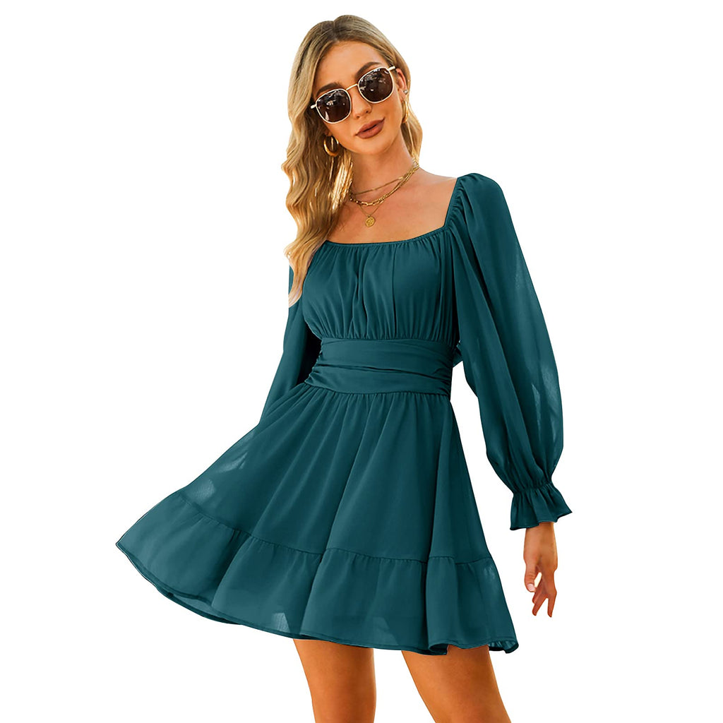 Women Tie Back Summer Dresses Long Lantern Sleeve Square Neck Ruffle Elastic Waist Aline Casual Mini Dress