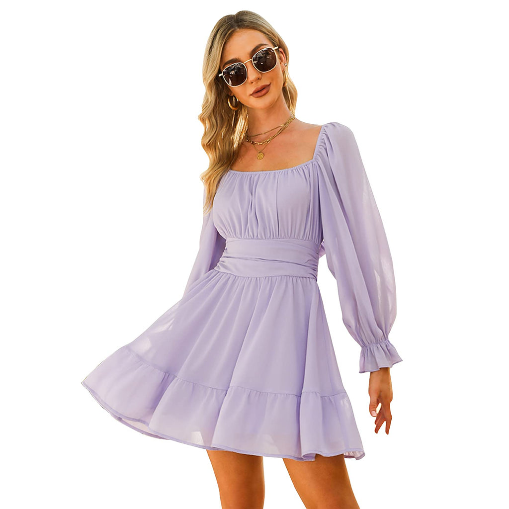 Women Tie Back Summer Dresses Long Lantern Sleeve Square Neck Ruffle Elastic Waist Aline Casual Mini Dress