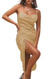 Women's Satin Spaghetti Straps Cowl Neck Sexy Ruch Cocktail Midi Dresses