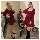 Women Tie Back Summer Dresses Long Lantern Sleeve Square Neck Ruffle Elastic Waist Aline Casual Mini Dress