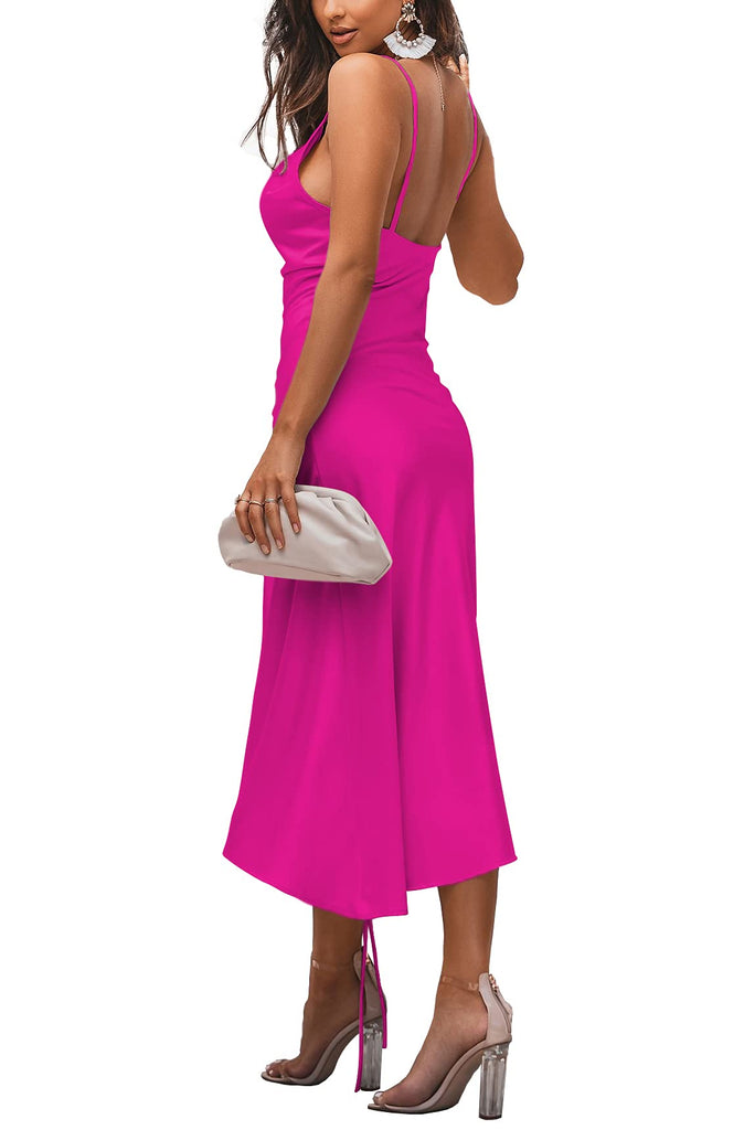 Women's Satin Spaghetti Straps Cowl Neck Sexy Ruch Cocktail Midi Dresses