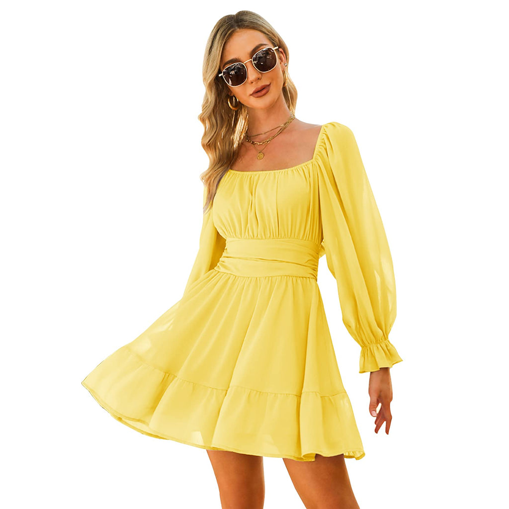 Women Tie Back Summer Dresses Long Lantern Sleeve Square Neck Ruffle Elastic Waist Aline Casual Mini Dress