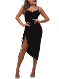 Women's Satin Spaghetti Straps Cowl Neck Sexy Ruch Cocktail Midi Dresses