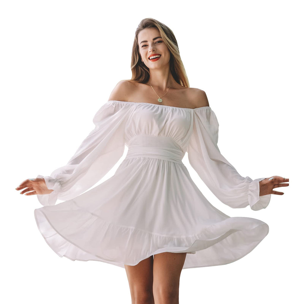 Women Tie Back Summer Dresses Long Lantern Sleeve Square Neck Ruffle Elastic Waist Aline Casual Mini Dress