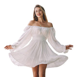 Women Tie Back Summer Dresses Long Lantern Sleeve Square Neck Ruffle Elastic Waist Aline Casual Mini Dress