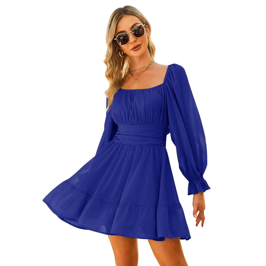 Women Tie Back Summer Dresses Long Lantern Sleeve Square Neck Ruffle Elastic Waist Aline Casual Mini Dress