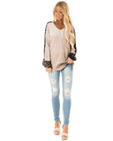 Womens Casual Long Puff Sleeve Waffle Knit Pullover Tunic Tops with Leopard Print