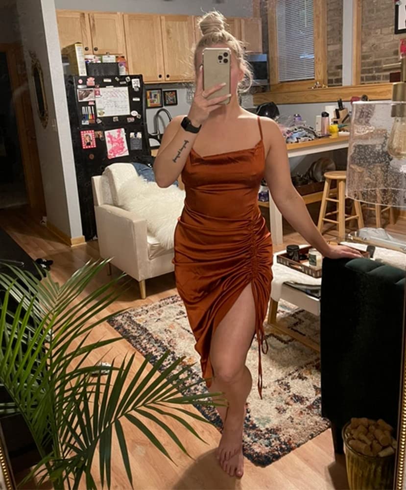 Women's Satin Spaghetti Straps Cowl Neck Sexy Ruch Cocktail Midi Dresses