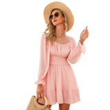 Women Tie Back Summer Dresses Long Lantern Sleeve Square Neck Ruffle Elastic Waist Aline Casual Mini Dress