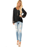 Womens Casual Long Puff Sleeve Waffle Knit Pullover Tunic Tops with Leopard Print
