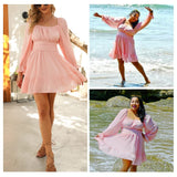 Women Tie Back Summer Dresses Long Lantern Sleeve Square Neck Ruffle Elastic Waist Aline Casual Mini Dress