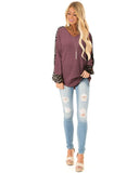 Womens Casual Long Puff Sleeve Waffle Knit Pullover Tunic Tops with Leopard Print