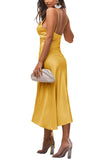 Women's Satin Spaghetti Straps Cowl Neck Sexy Ruch Cocktail Midi Dresses