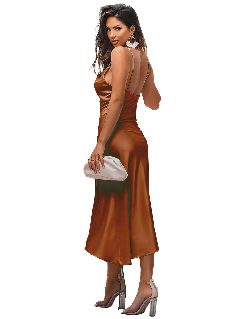 Women's Satin Spaghetti Straps Cowl Neck Sexy Ruch Cocktail Midi Dresses