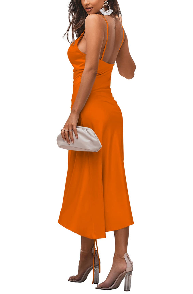 Women's Satin Spaghetti Straps Cowl Neck Sexy Ruch Cocktail Midi Dresses