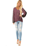 Womens Casual Long Puff Sleeve Waffle Knit Pullover Tunic Tops with Leopard Print