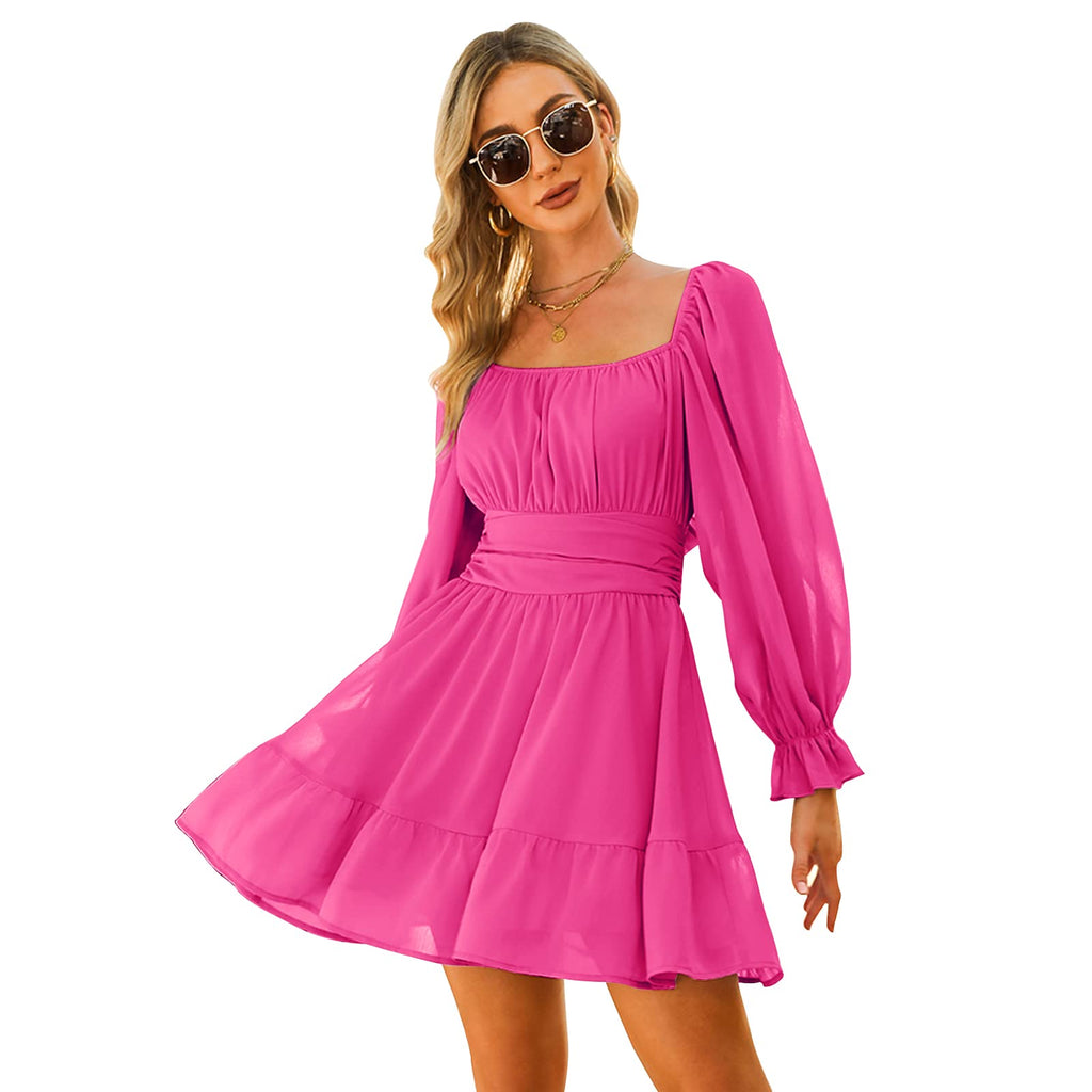 Women Tie Back Summer Dresses Long Lantern Sleeve Square Neck Ruffle Elastic Waist Aline Casual Mini Dress