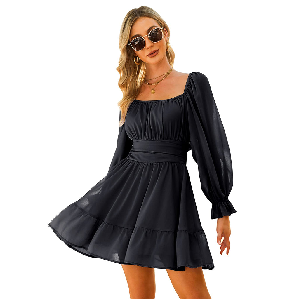 Women Tie Back Summer Dresses Long Lantern Sleeve Square Neck Ruffle Elastic Waist Aline Casual Mini Dress