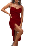 Women's Satin Spaghetti Straps Cowl Neck Sexy Ruch Cocktail Midi Dresses