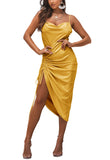 Women's Satin Spaghetti Straps Cowl Neck Sexy Ruch Cocktail Midi Dresses