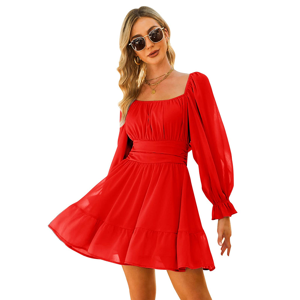 Women Tie Back Summer Dresses Long Lantern Sleeve Square Neck Ruffle Elastic Waist Aline Casual Mini Dress