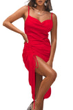 Women's Satin Spaghetti Straps Cowl Neck Sexy Ruch Cocktail Midi Dresses