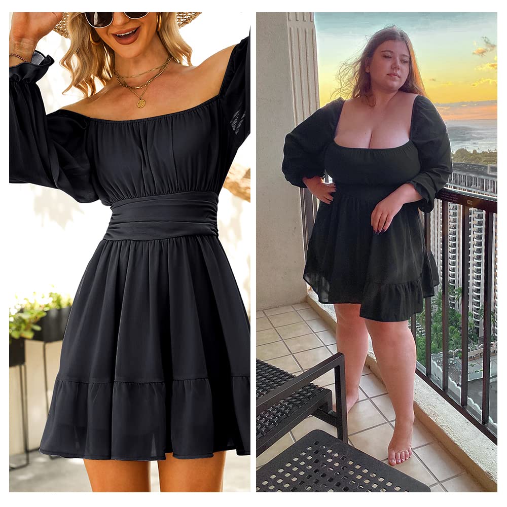 Women Tie Back Summer Dresses Long Lantern Sleeve Square Neck Ruffle Elastic Waist Aline Casual Mini Dress
