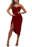 Women's Satin Spaghetti Straps Cowl Neck Sexy Ruch Cocktail Midi Dresses
