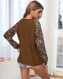 Womens Casual Long Puff Sleeve Waffle Knit Pullover Tunic Tops with Leopard Print