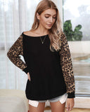 Womens Casual Long Puff Sleeve Waffle Knit Pullover Tunic Tops with Leopard Print