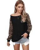 Womens Casual Long Puff Sleeve Waffle Knit Pullover Tunic Tops with Leopard Print