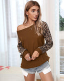 Womens Casual Long Puff Sleeve Waffle Knit Pullover Tunic Tops with Leopard Print