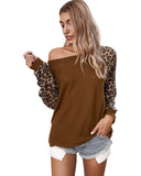 Womens Casual Long Puff Sleeve Waffle Knit Pullover Tunic Tops with Leopard Print