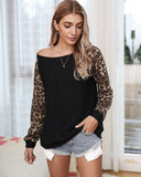 Womens Casual Long Puff Sleeve Waffle Knit Pullover Tunic Tops with Leopard Print