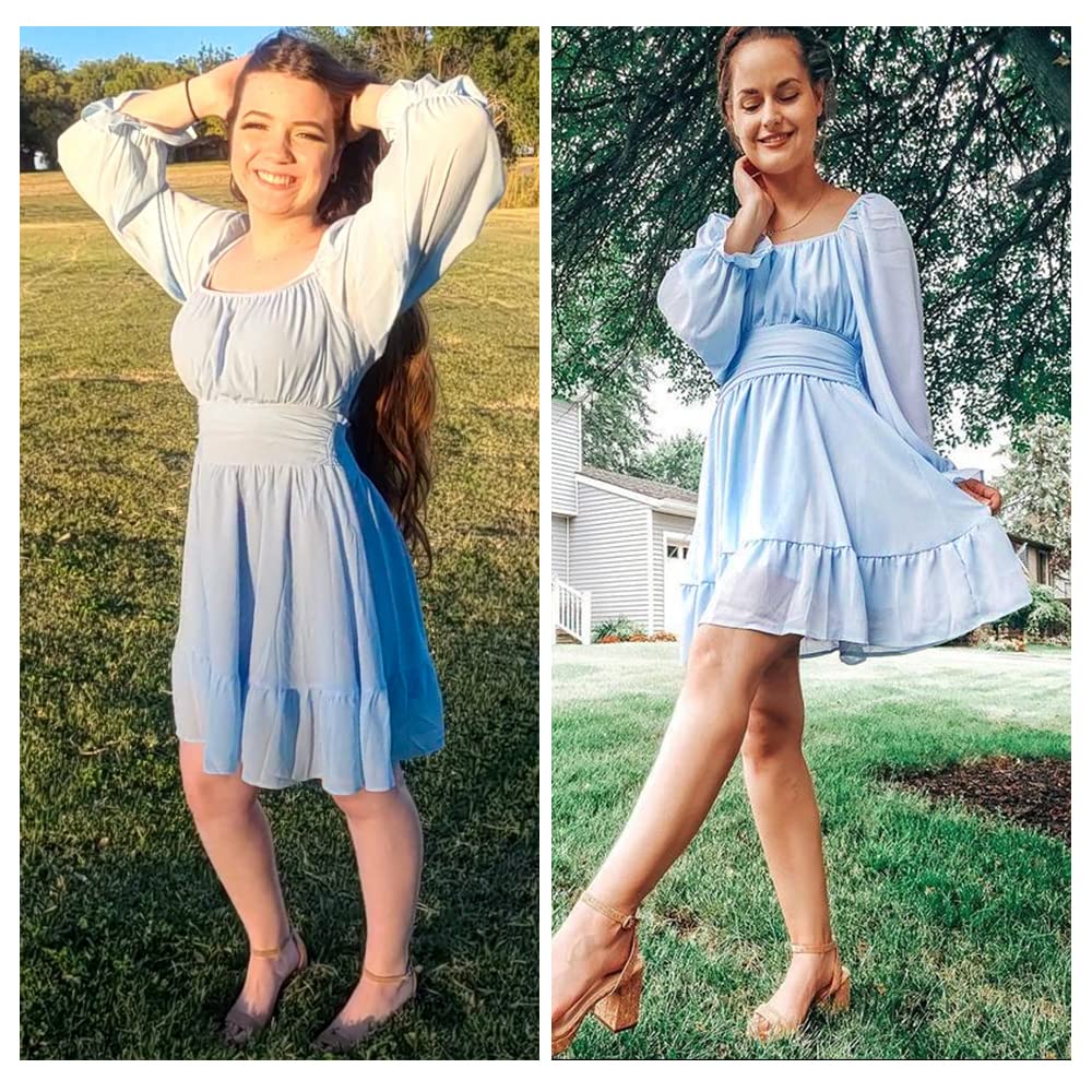 Women Tie Back Summer Dresses Long Lantern Sleeve Square Neck Ruffle Elastic Waist Aline Casual Mini Dress