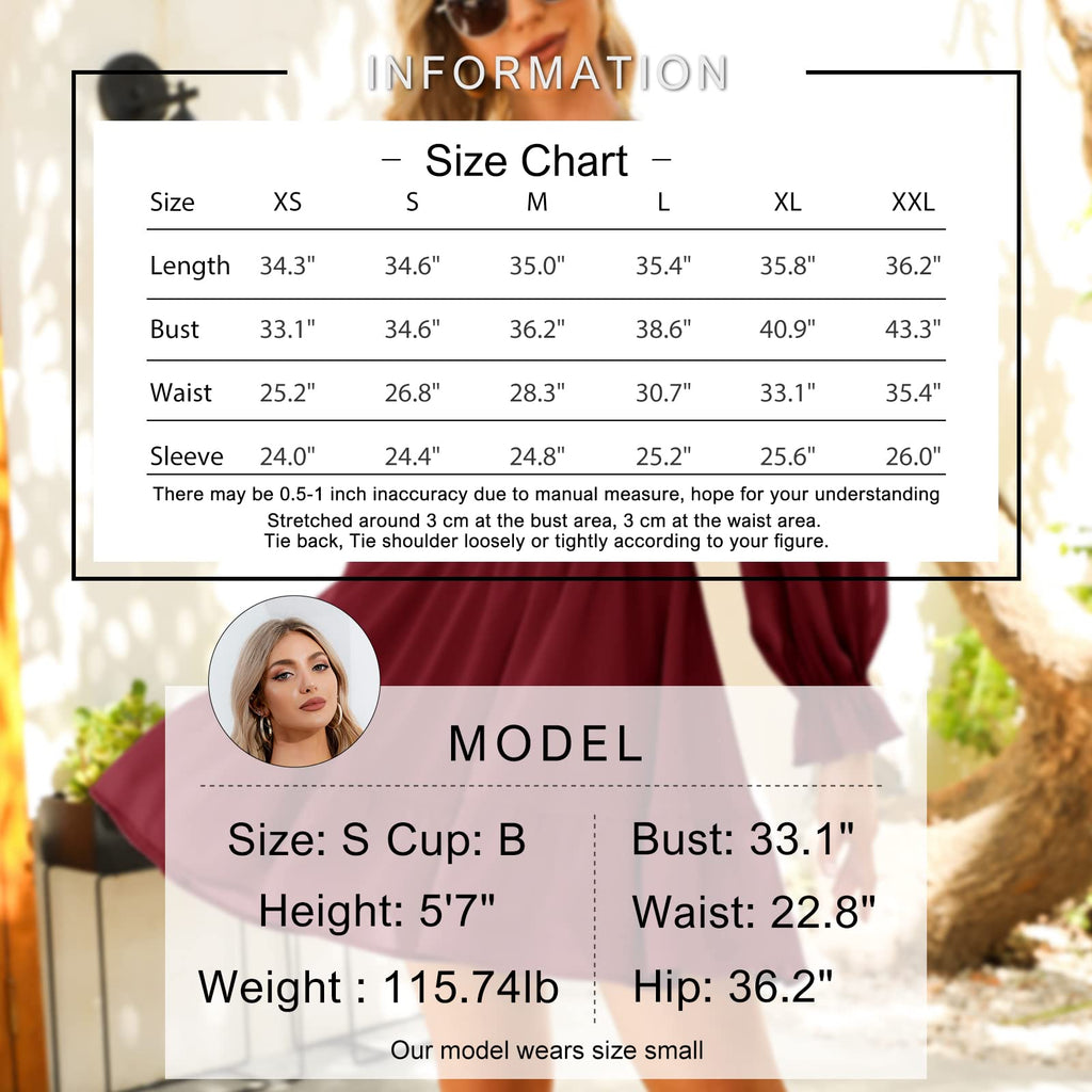 Women Tie Back Summer Dresses Long Lantern Sleeve Square Neck Ruffle Elastic Waist Aline Casual Mini Dress