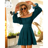 Women Tie Back Summer Dresses Long Lantern Sleeve Square Neck Ruffle Elastic Waist Aline Casual Mini Dress