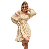 Women Tie Back Summer Dresses Long Lantern Sleeve Square Neck Ruffle Elastic Waist Aline Casual Mini Dress